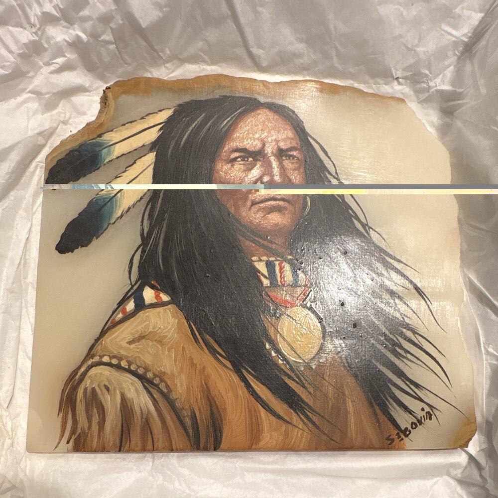 Vintage Original Native American Chief Portrait Painting on Stone Slab Signed